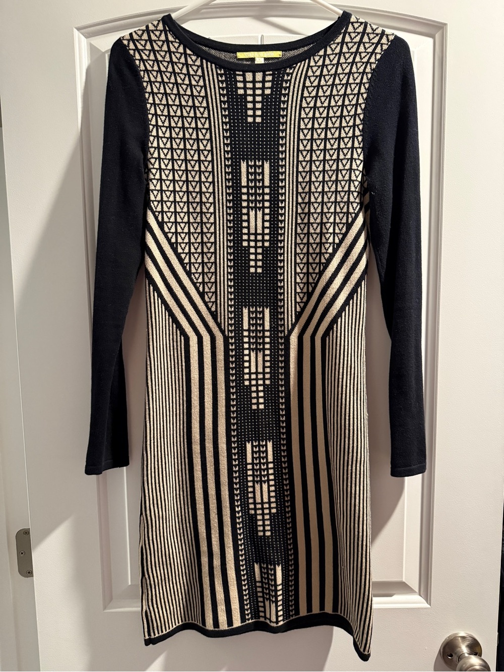 Gianni Bini Black and Cream Geometric Knit Sweater Dress